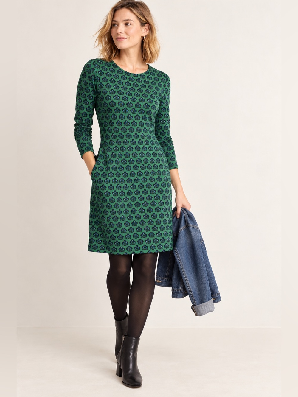 Boden Penelope Jersey Dress Green Floral Long Sleeve Pockets Size 12R